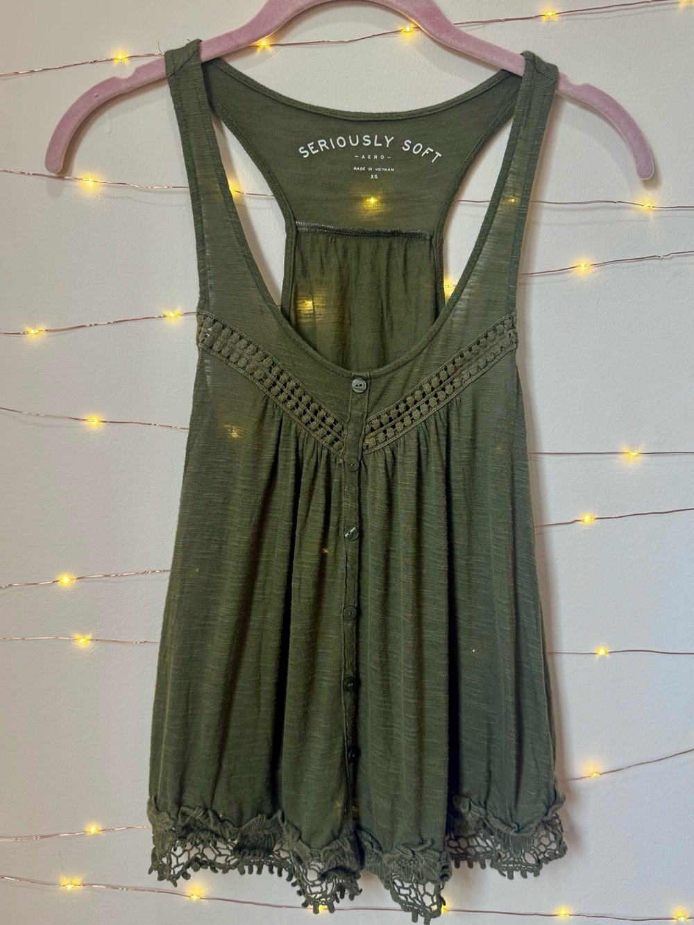 Aeropostale Seriously Soft Olive Green Boho Crochet-Trim Tank Top